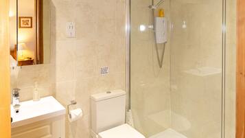 A modern bathroom with a glass-enclosed shower, a toilet, and a sink with a mirror.