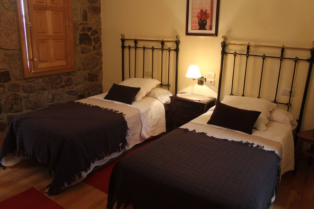 Une chambre avec deux lits, chacun doté d’une tête de lit, d’une table de chevet avec une lampe et d’un mur en pierre.