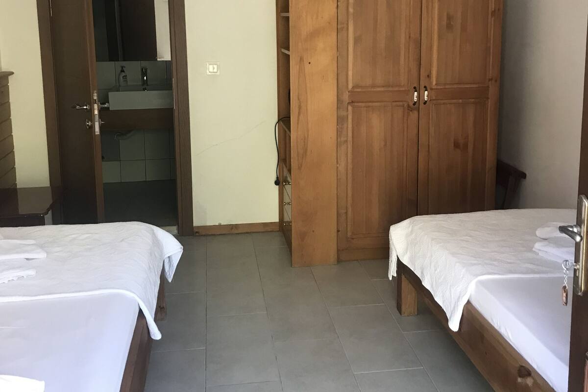 Habitación económica con 2 camas individuales, vista al jardín | Artículos del minibar gratis y caja de seguridad en la habitación