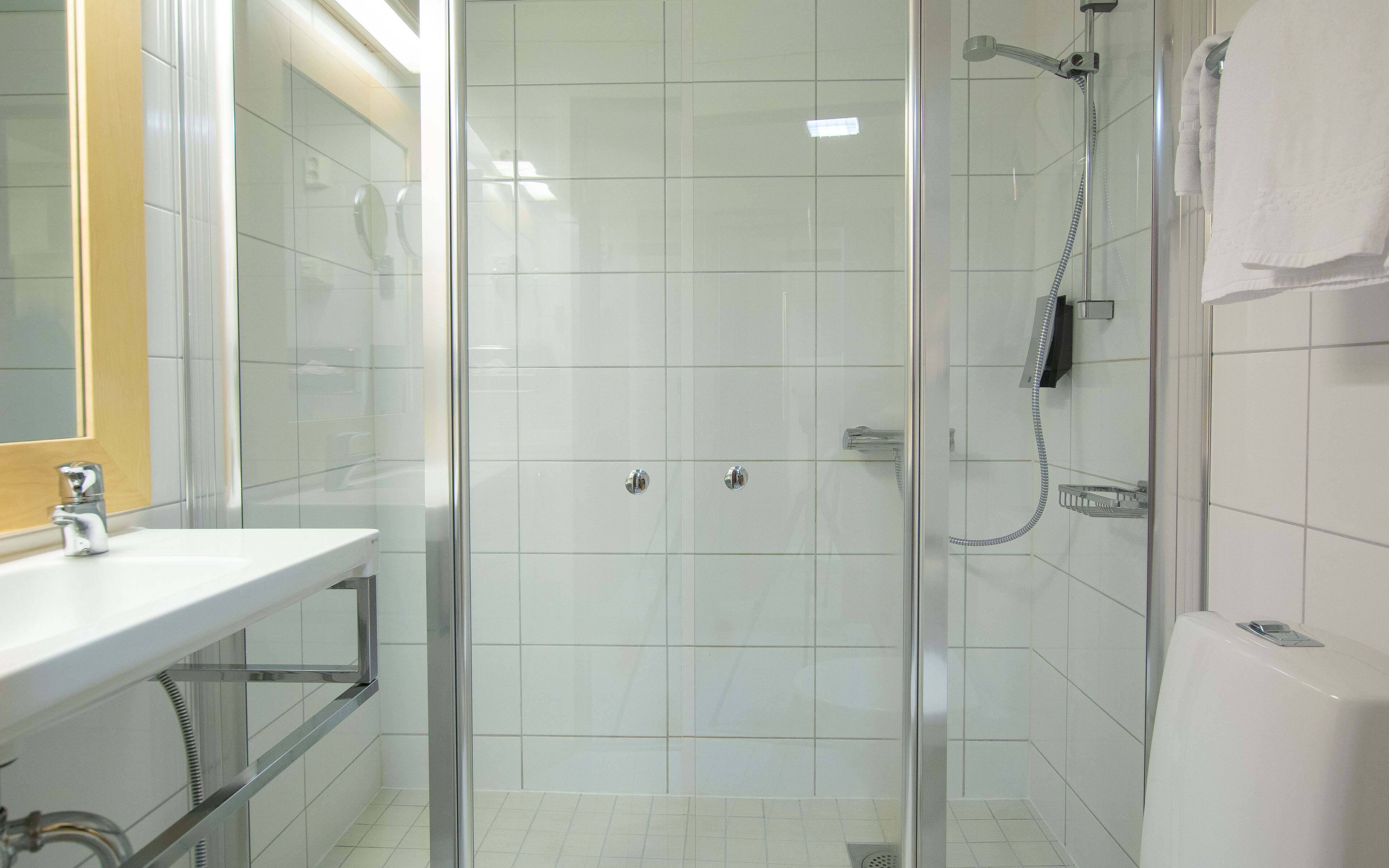 comfort double or twin room | bathroom | shower, hair dryer, towels, soap