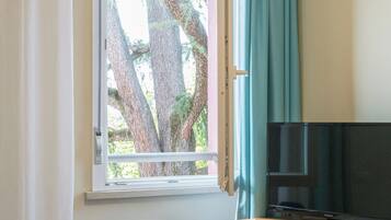 Una stanza con un letto singolo, una scrivania con un computer, una sedia, una televisione e una finestra con tende.