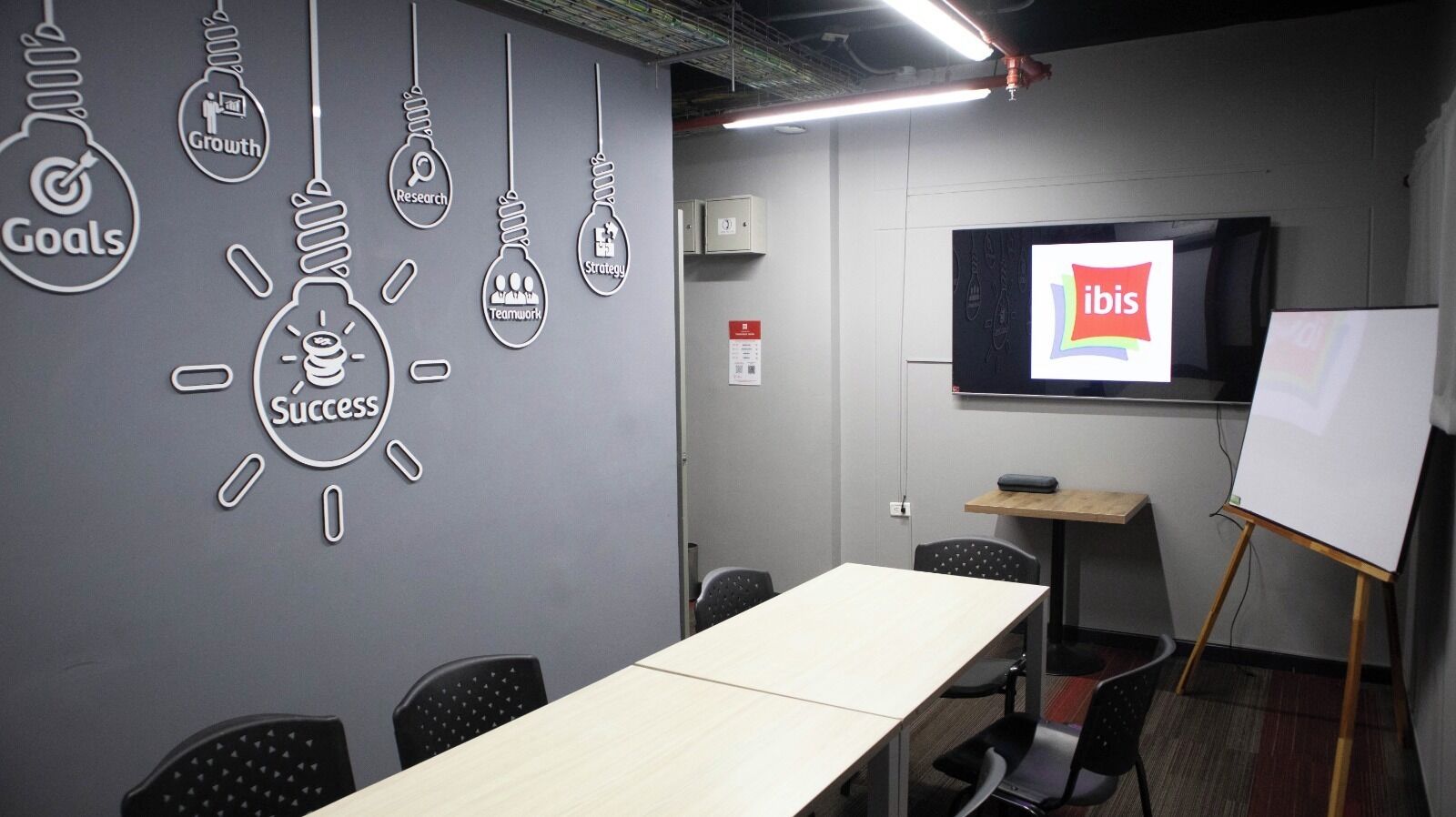 A conference room with a long table, chairs, a whiteboard, and a screen displaying the ibis logo.