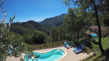 Outdoor pool, pool umbrellas, pool loungers