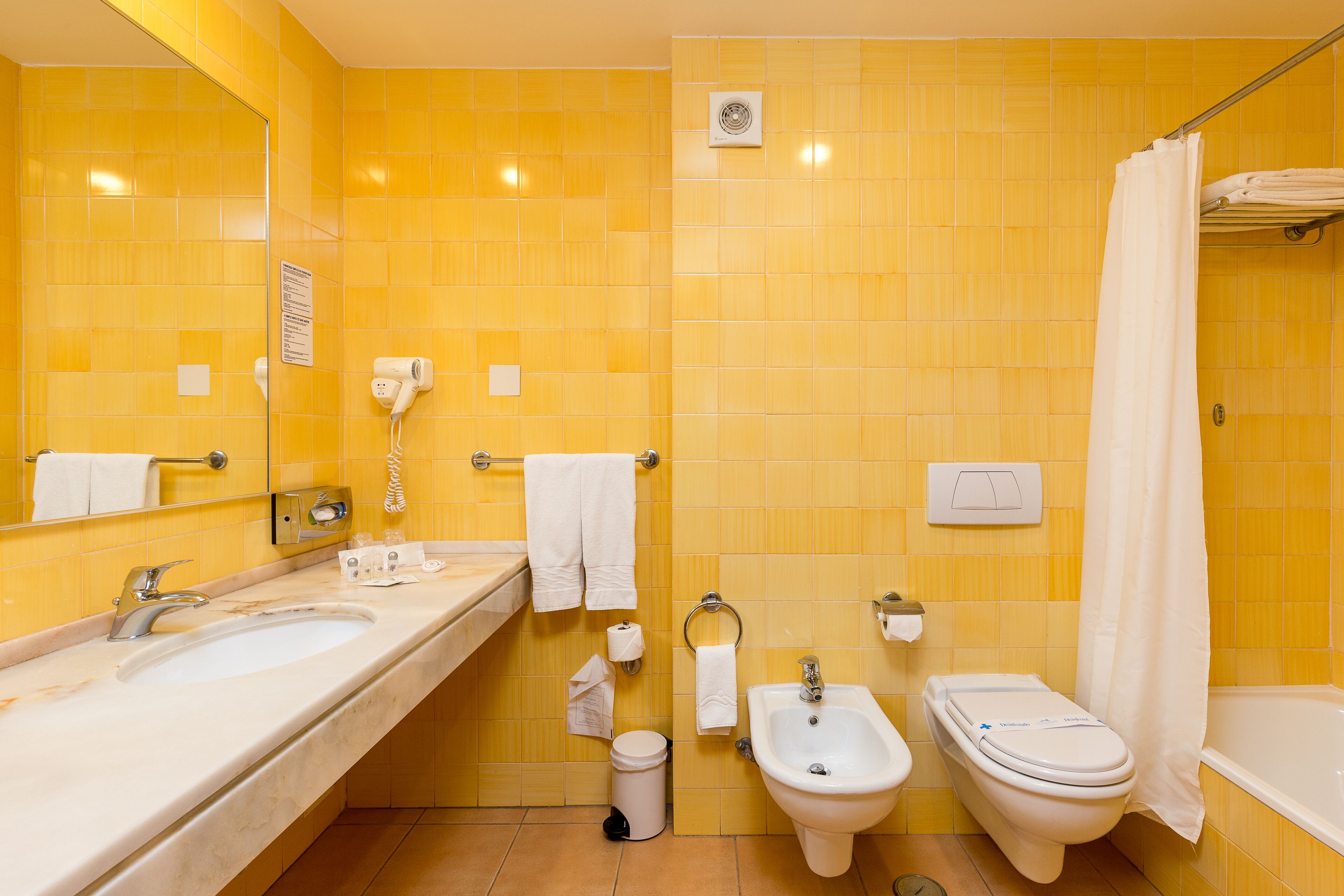 free toiletries, hair dryer, bidet, towels