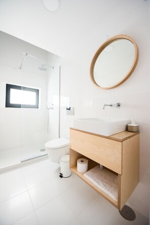 Shower, rainfall showerhead, free toiletries, hair dryer