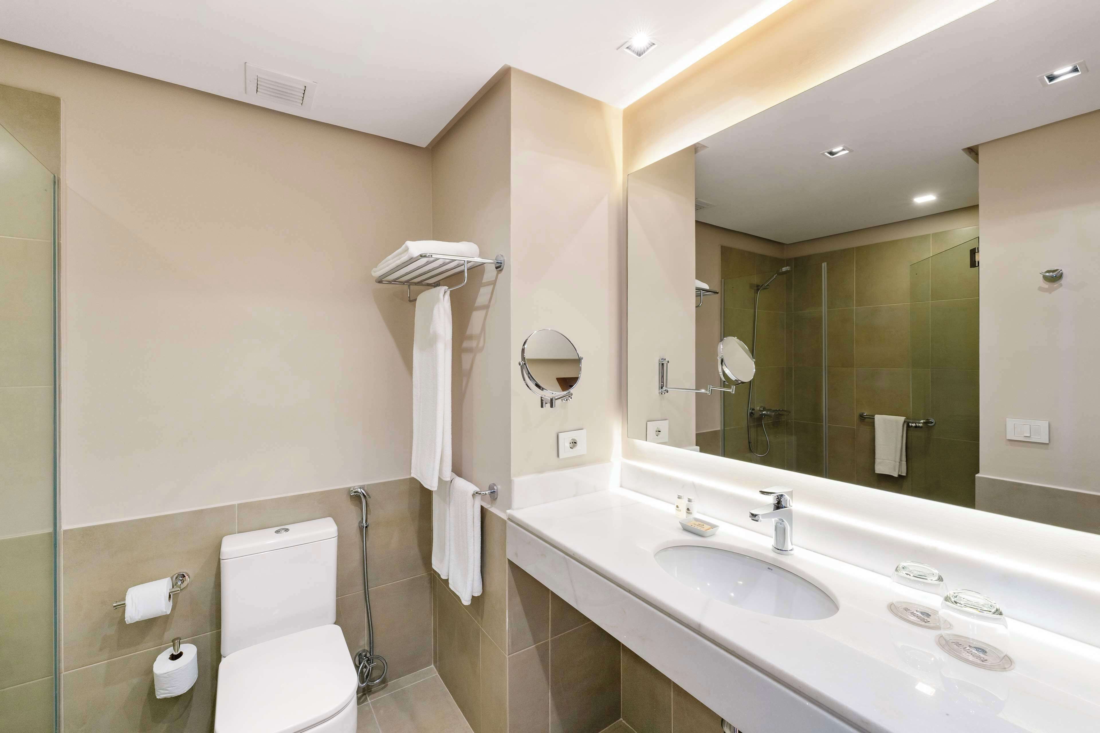 A modern bathroom with a toilet, sink, mirror, and shower.