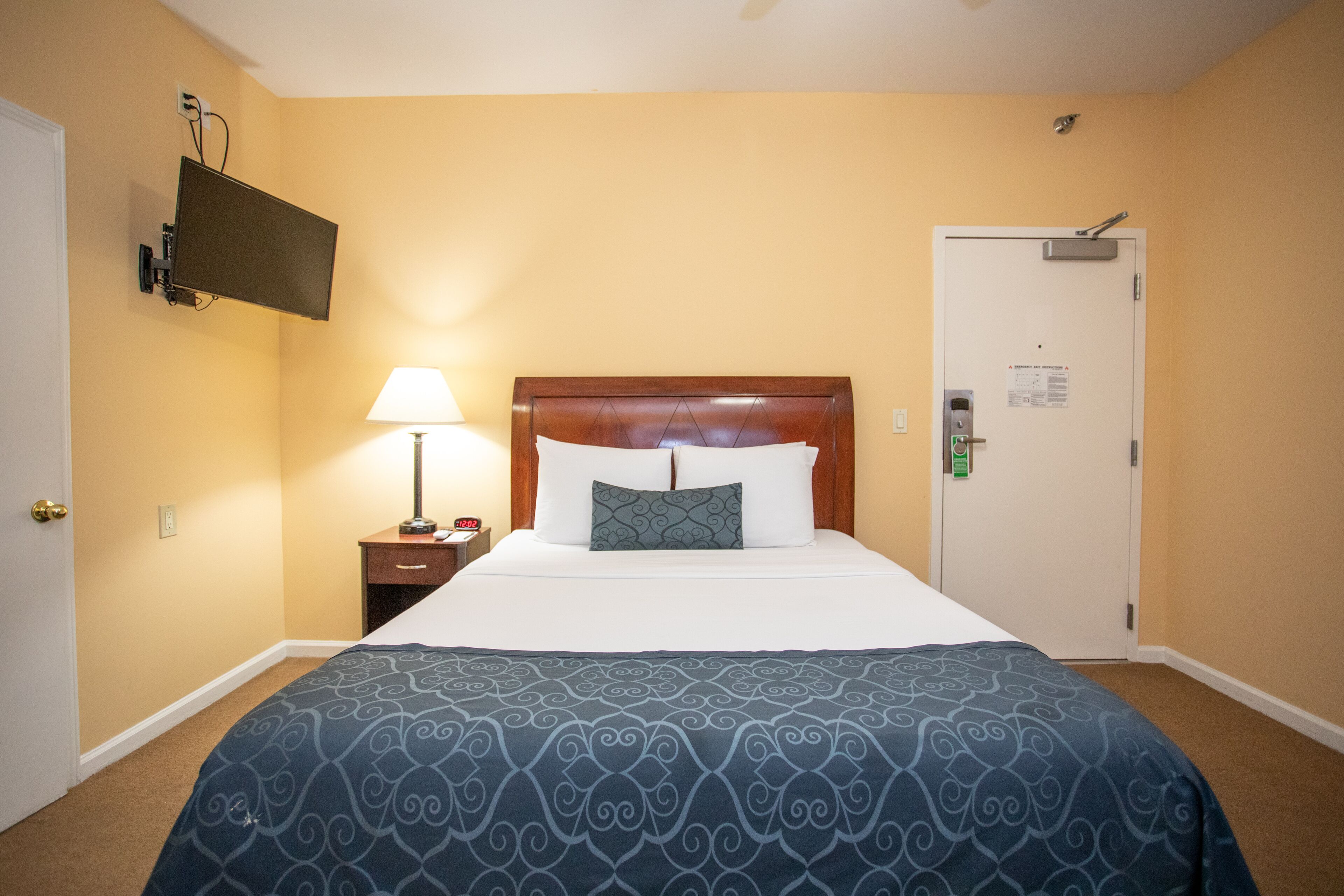 Una camera d'albergo con un letto, una TV montata a parete, un comodino con una lampada e una porta con serratura.