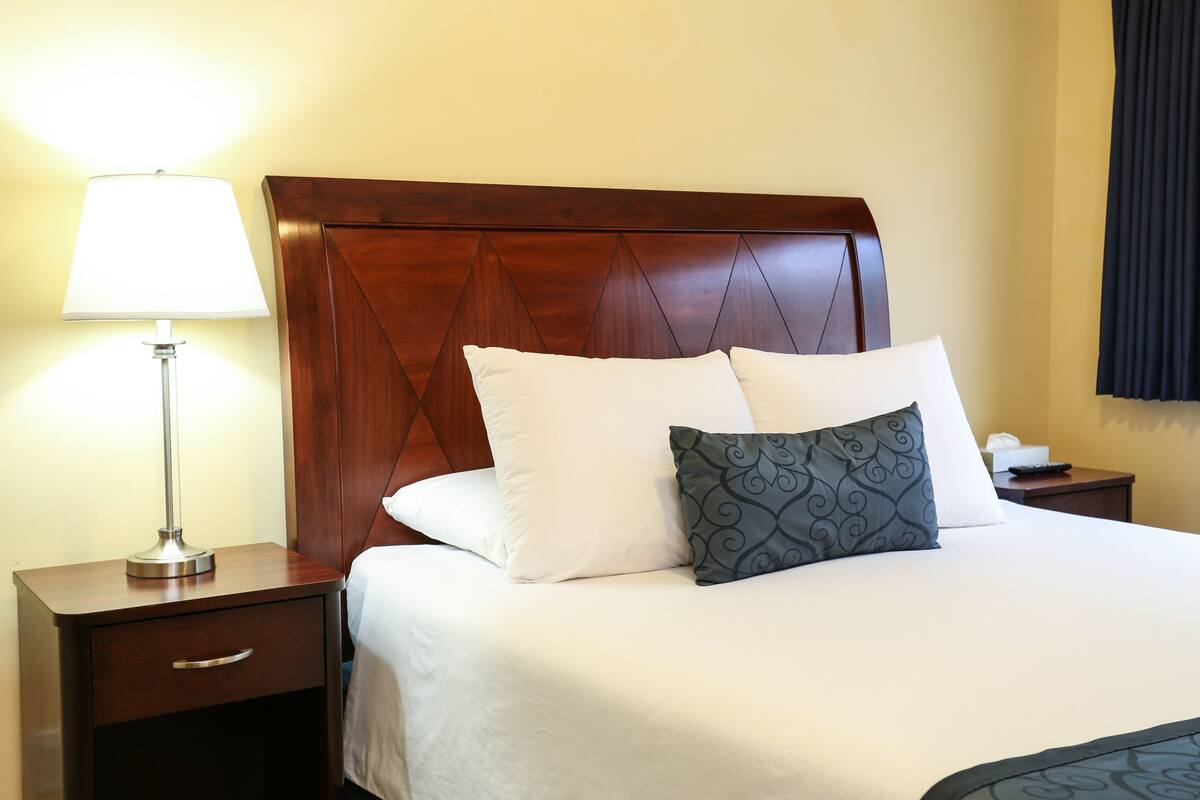 A neatly made bed with white and patterned pillows, a wooden headboard, a bedside lamp, and a nightstand with a drawer.
