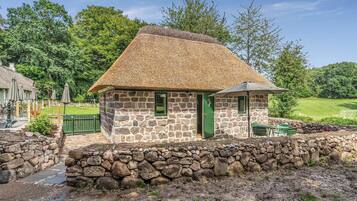 A stone cottage with a thatched roof, a green door, and a stone wall in front.