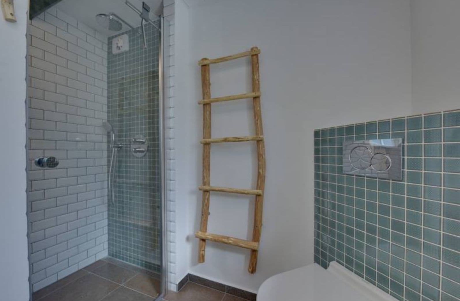 Ein Badezimmer mit Dusche, einer Holzleiter und einer Toilette.