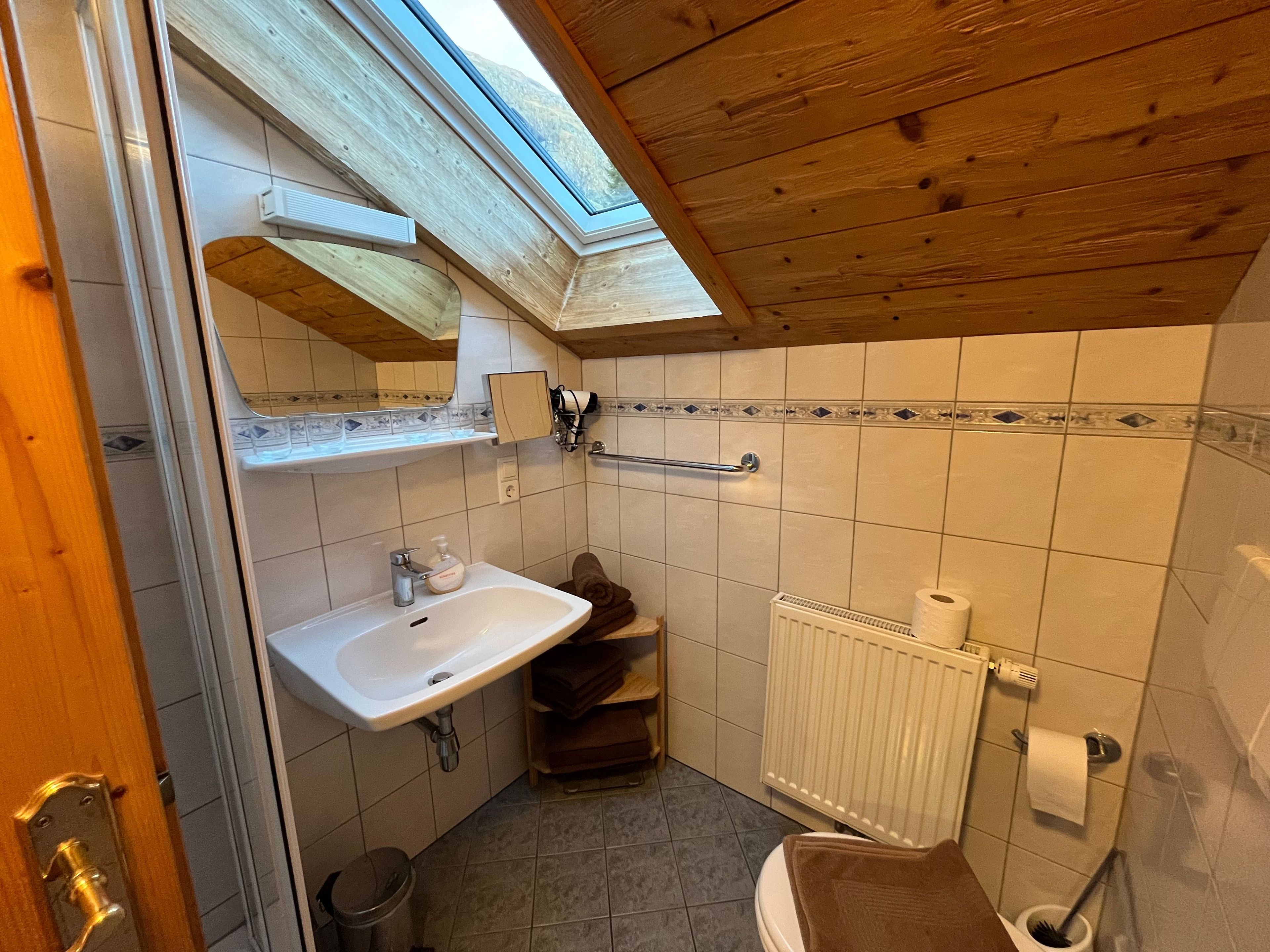 Ein Badezimmer mit Oberlicht, Waschbecken, Toilette und Duschbereich.
