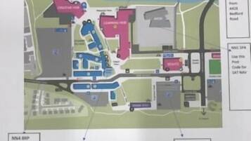 A map of Sunley Hotel with directions to the main entrance, alternative entrance, car park, and nearby facilities like Waterside Bar & Restaurant.