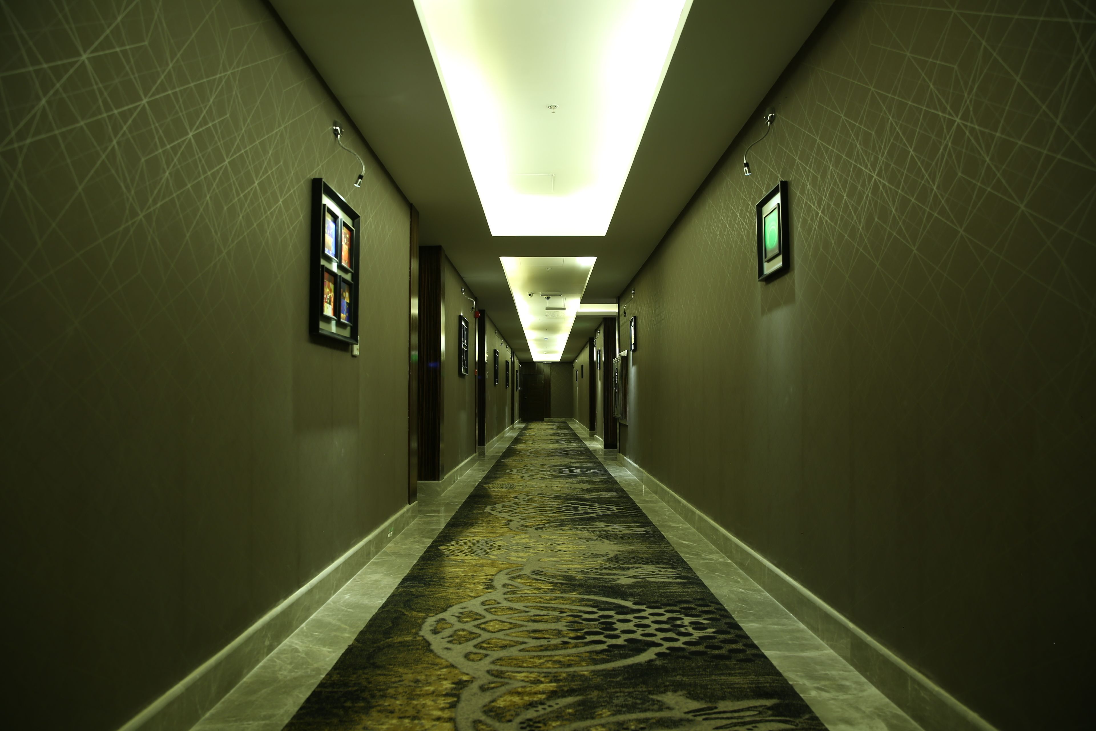 A long, narrow hotel hallway with a patterned carpet, framed pictures on the walls, and a ceiling light.