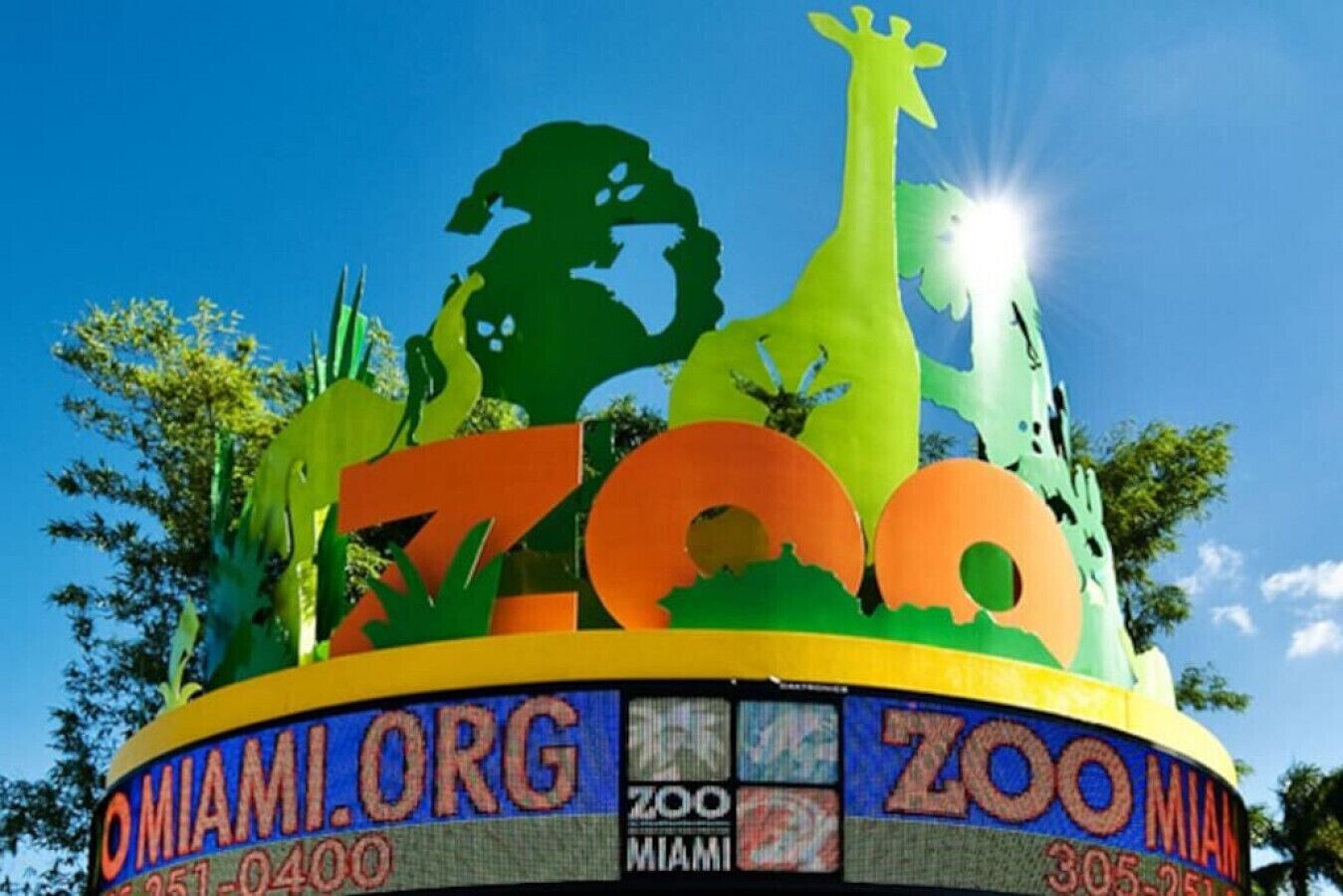 Un cartello colorato con il testo 'MIAMI ZOO' e la sagoma di una giraffa.