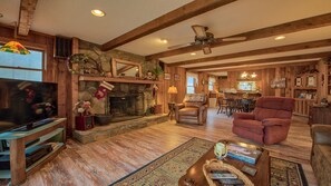 TV, fireplace, video games, foosball