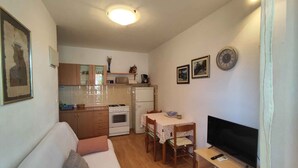 A compact living space with a kitchenette, a dining area, and a seating area with a television.