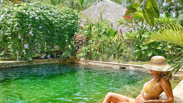 A woman sitting in a clear pool surrounded by lush greenery and a thatched-roof structure. - Casa Picaflor (Las Terrenas)