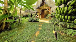 A thatched-roof hut with a wooden door, surrounded by lush greenery and banana plants. - Casa Picaflor (Las Terrenas)