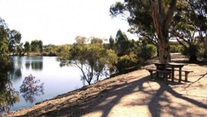 A picnic table and bench by a lake with trees in the background.