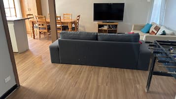 TV, foosball, video library