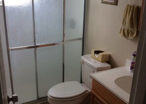 Bañera con ducha, secador de pelo, toallas