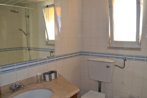 Hair dryer, towels, soap, toilet paper