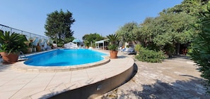 A swimming pool with a tiled deck, surrounded by potted plants and trees.