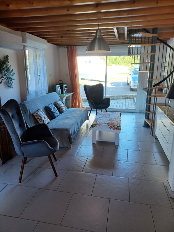 Télévision, cheminée, table de tennis de table, chaîne hi-fi