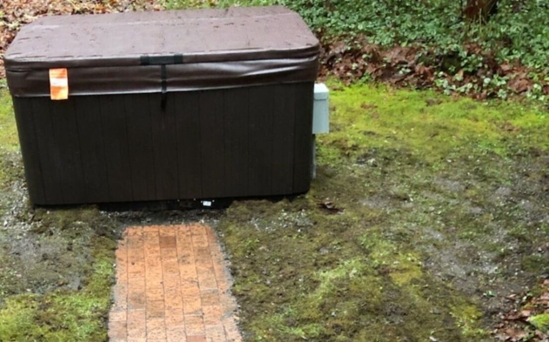 Ein großer, dunkel gefärbter Lagercontainer mit Tragegriff und einem Aufkleber auf der Oberseite, platziert auf moosigem Untergrund neben einem Pflasterweg.