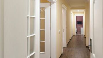 A hallway with wooden flooring and white doors.