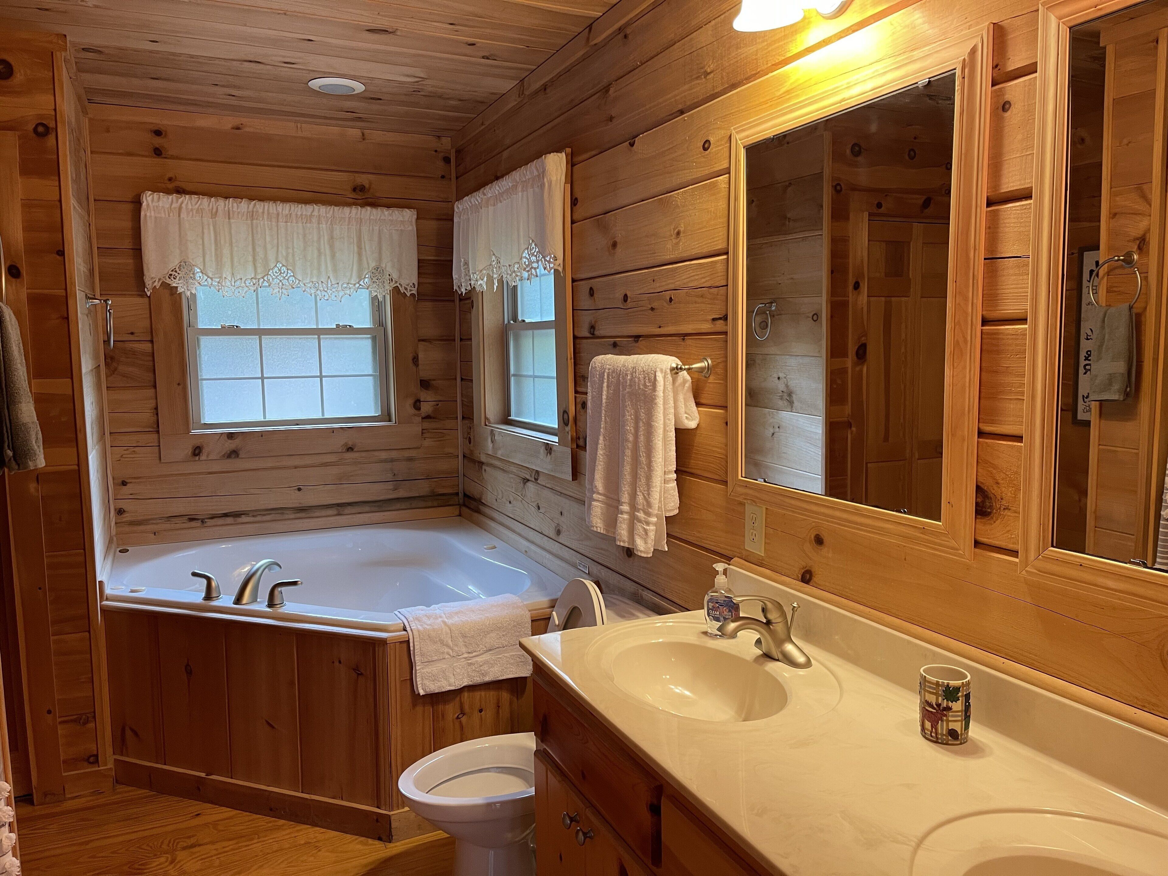 Combined shower/bathtub, jetted bath, hair dryer, towels