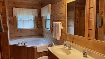 Combined shower/bathtub, jetted bath, hair dryer, towels