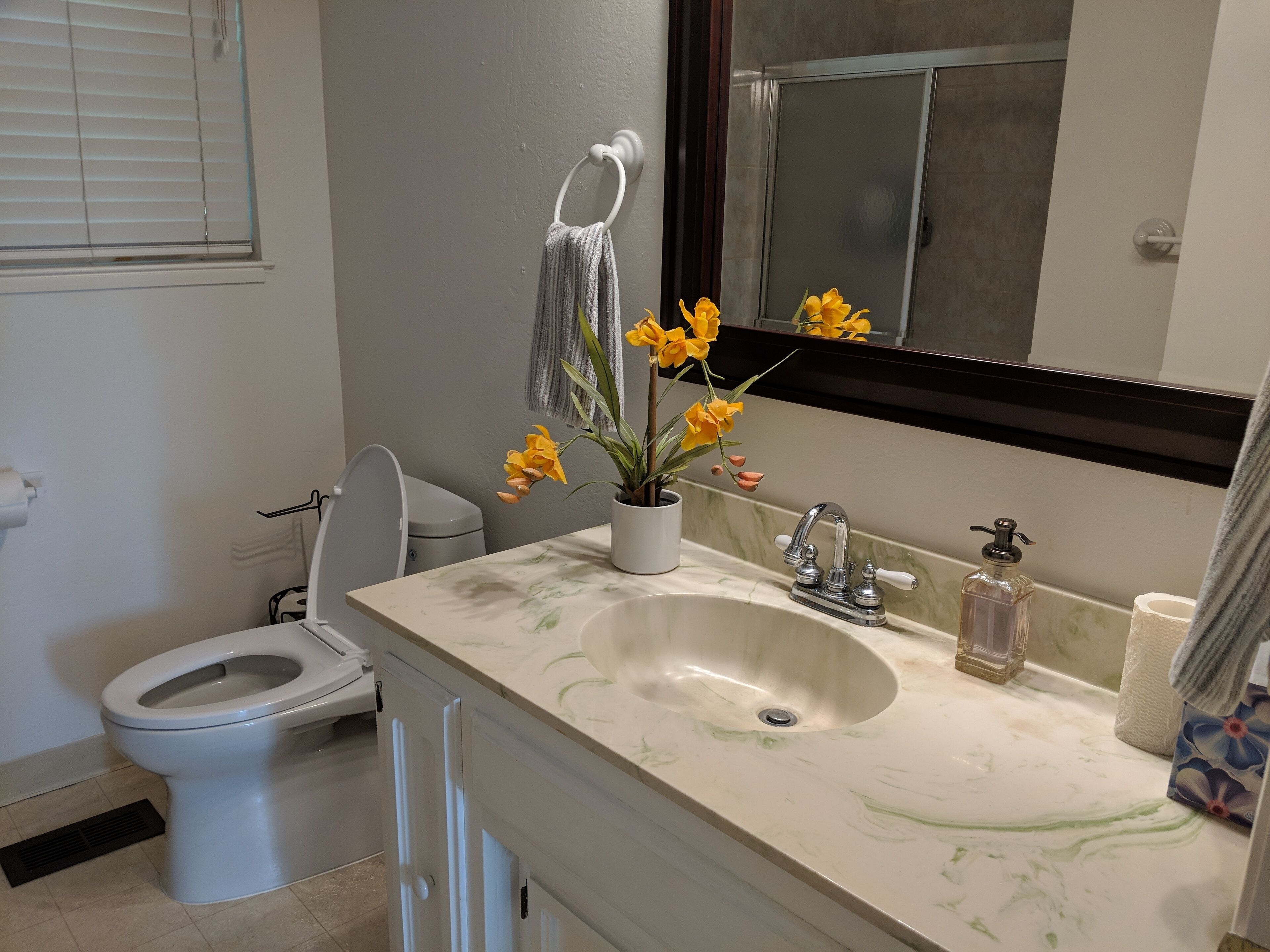 Un baño con inodoro, lavamanos y espejo.