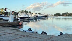 Un puerto deportivo con barcos amarrados, cielo despejado y una costa lejana con árboles.
