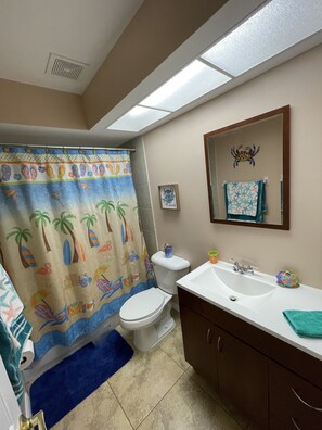 Hair dryer, towels, soap, toilet paper