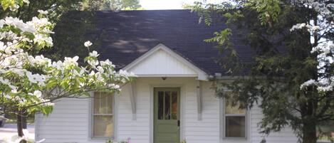 Una casa blanca con puerta verde, rodeada por un jardín con diversas plantas y flores.