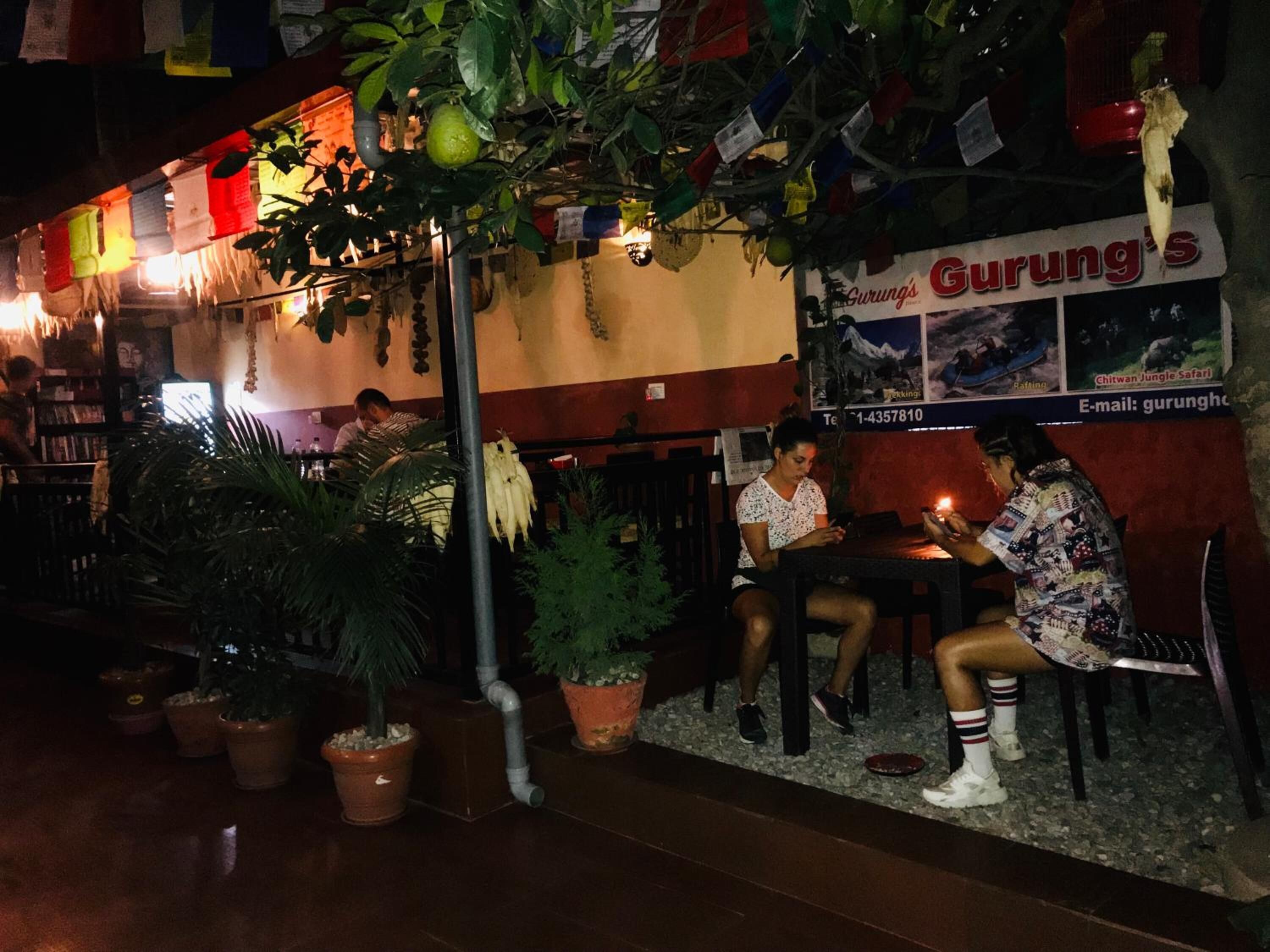 Un espace extérieur aménagé avec des tables et des chaises, entouré de plantes en pot.