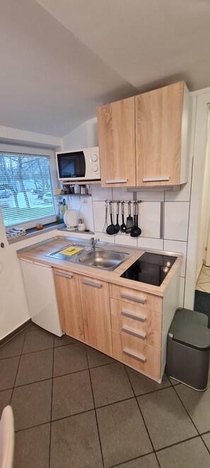 Fridge, microwave, stovetop, electric kettle