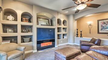 TV, fireplace, video games, DVD player