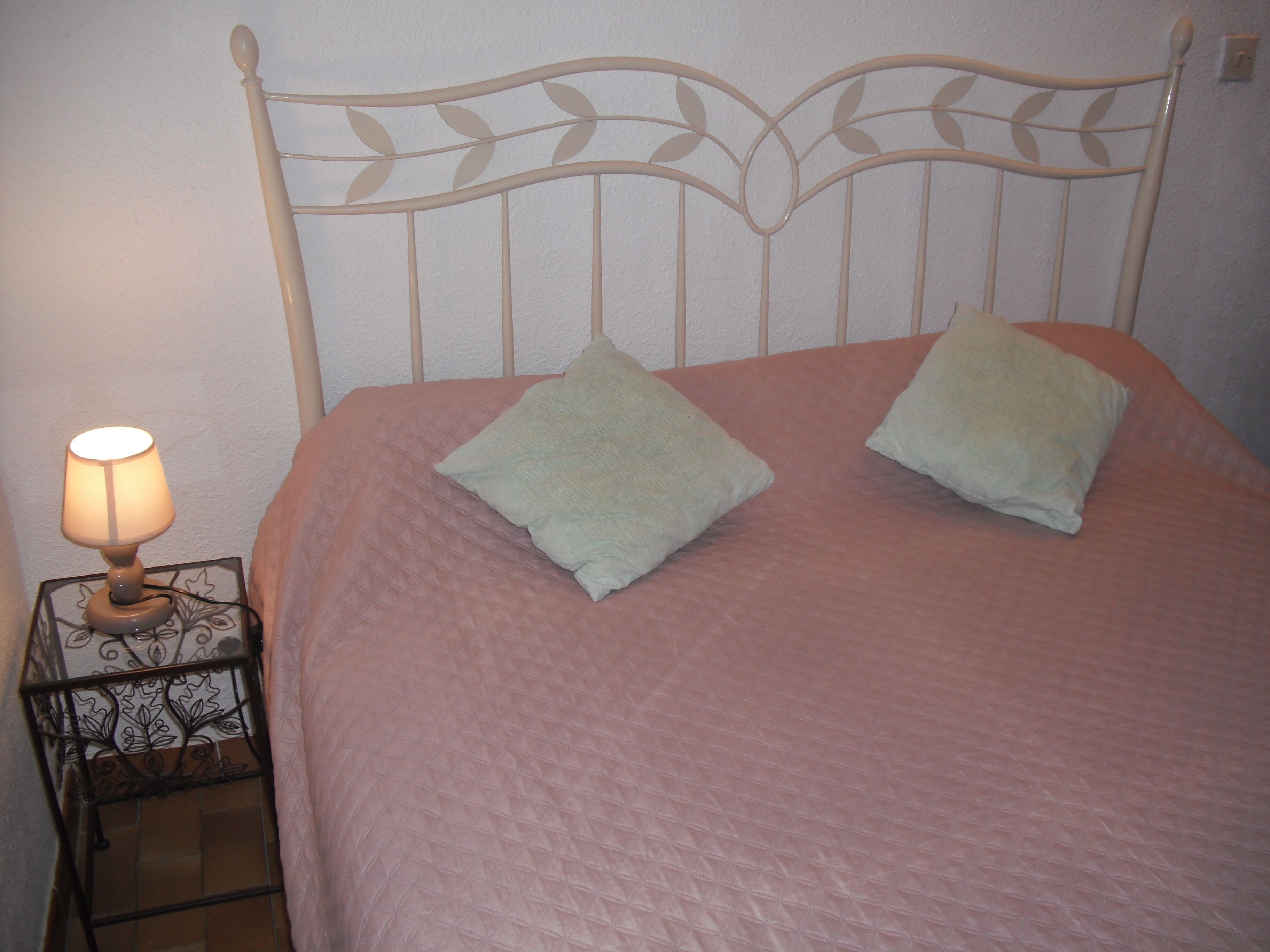 A bed with a metal headboard and two pillows, a bedside lamp, and a patterned rug.