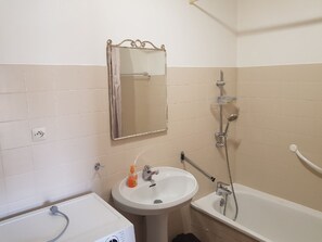 Bathtub, hair dryer, toilet paper