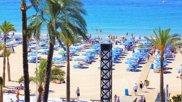 A beach with palm trees, sun loungers, and a lifeguard tower. - Atico Ancla Penthouse (Benidorm)