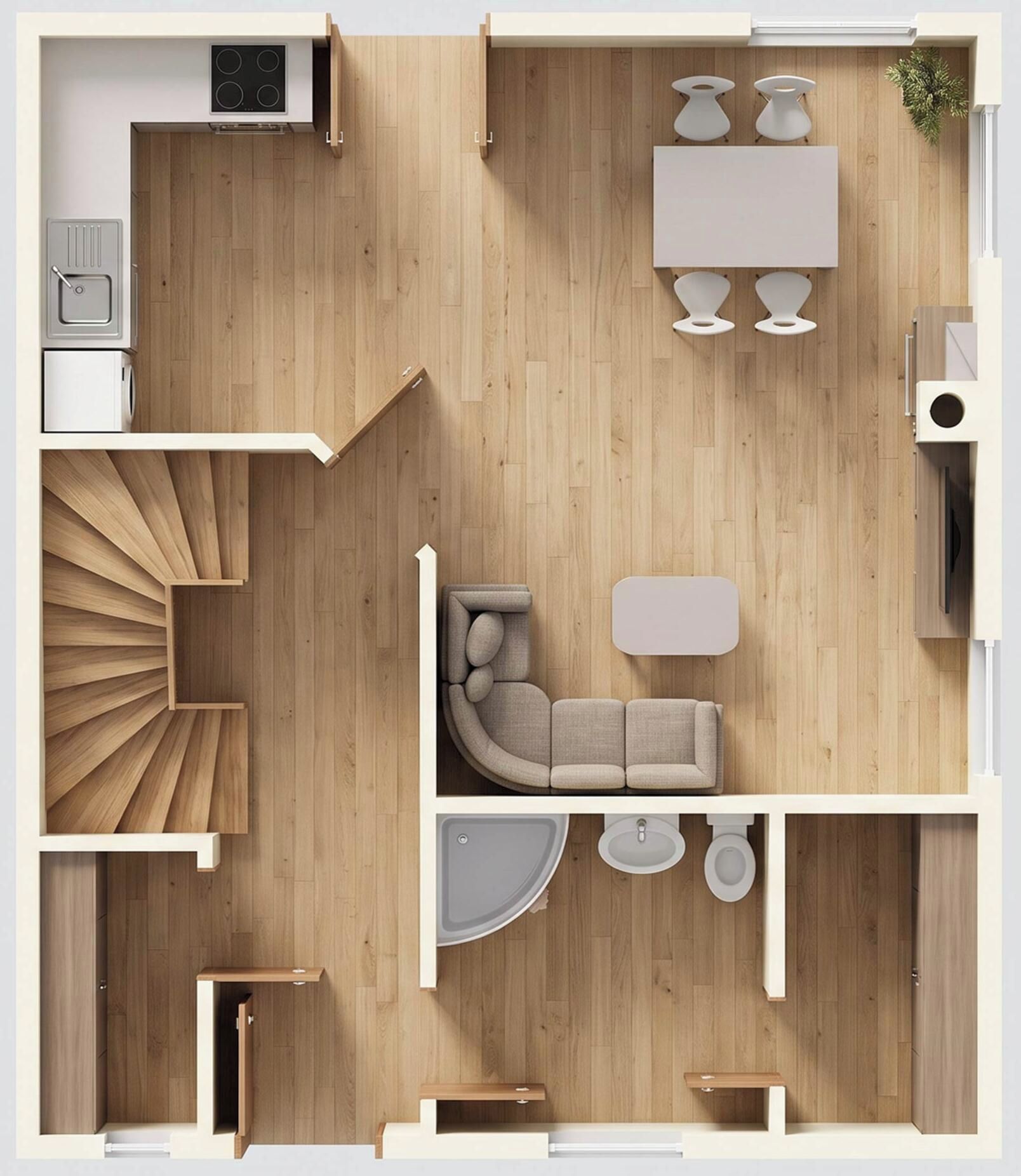 A modern interior with a kitchen, dining area, and living room.