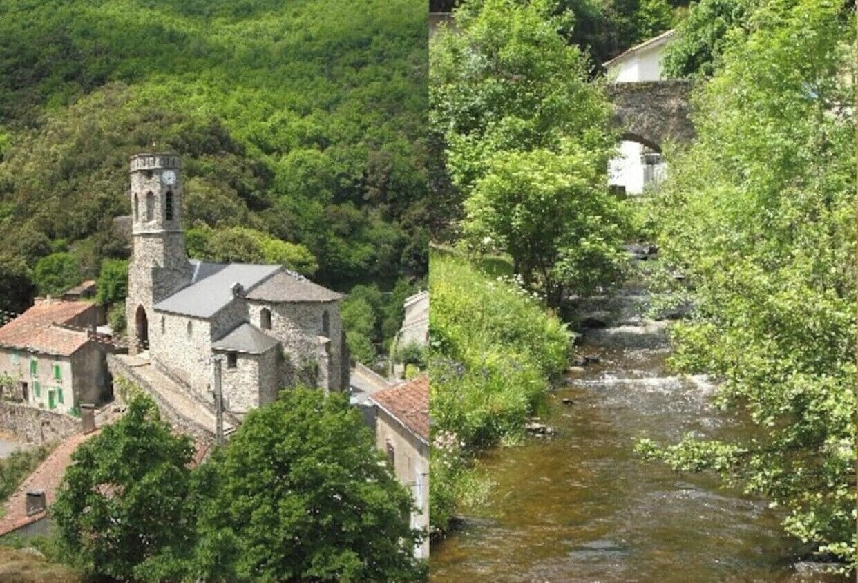 Eine steinerne Kirche mit einem Glockenturm, umgeben von üppiger Vegetation und einem Fluss.