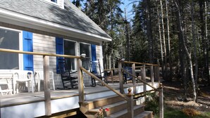 Une terrasse en bois avec un escalier menant à une maison aux volets bleus.