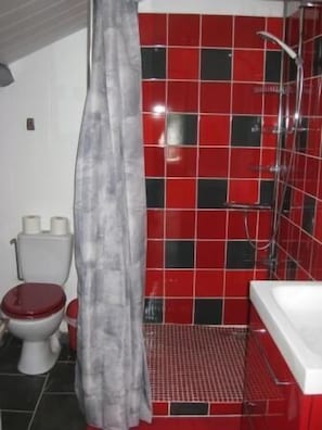 Douche, sĂšche-cheveux, serviettes fournies, savon