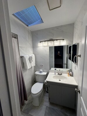 A modern bathroom with a toilet, sink, and mirror.