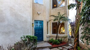 A narrow urban street with a blue door, a small garden with plants, and a palm tree.
