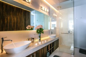 Shower, hair dryer, towels