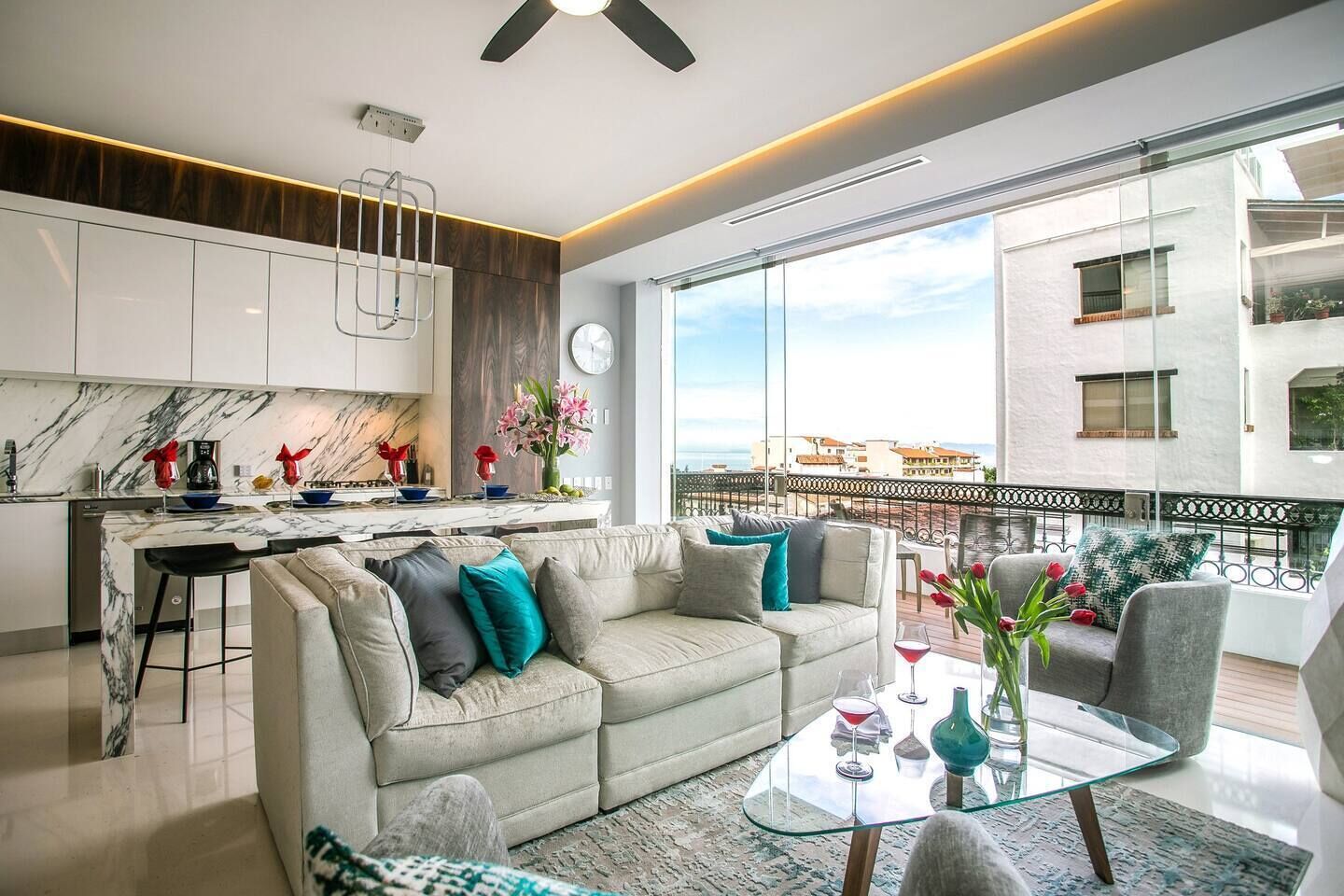 Smart TV, streaming services, music library, stereo